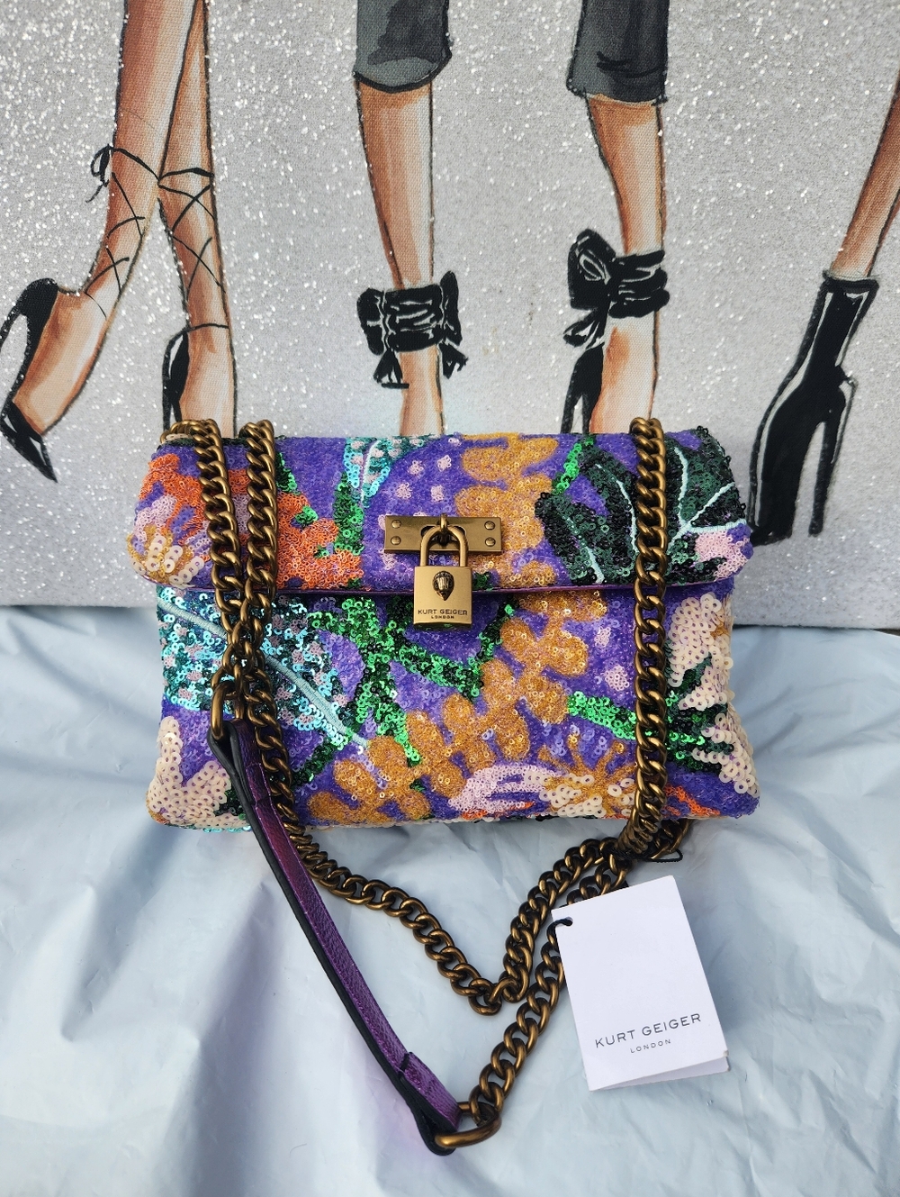 Kurt Geiger Multicolor Sequin Envelope Clutch - Purple Floral NWT